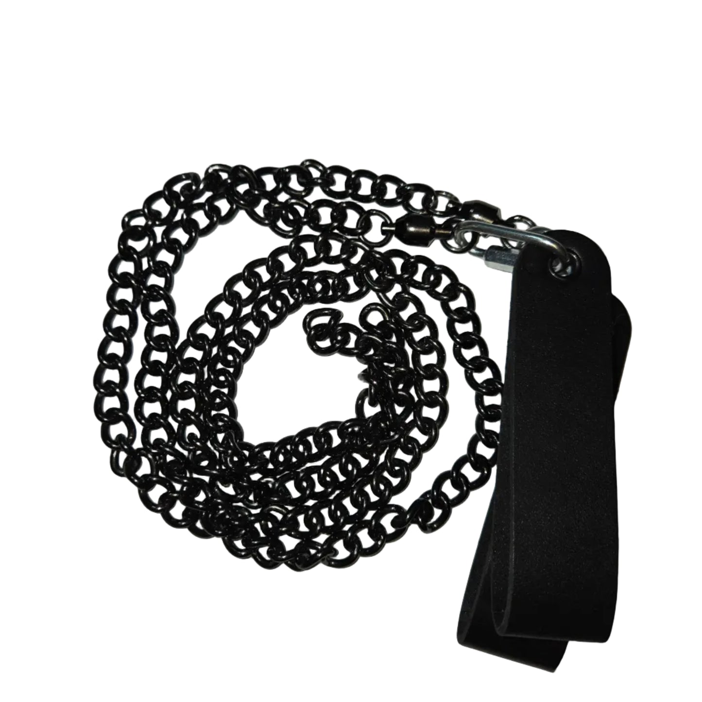A black metal chain with a black padded rectangular attachment, photographed on a plain off-white surface.
