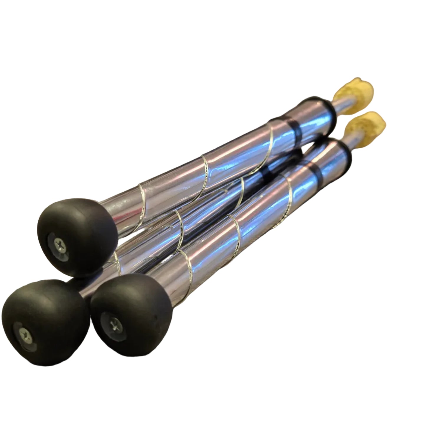 Three silver fire juggling torches as viewed from their knobs