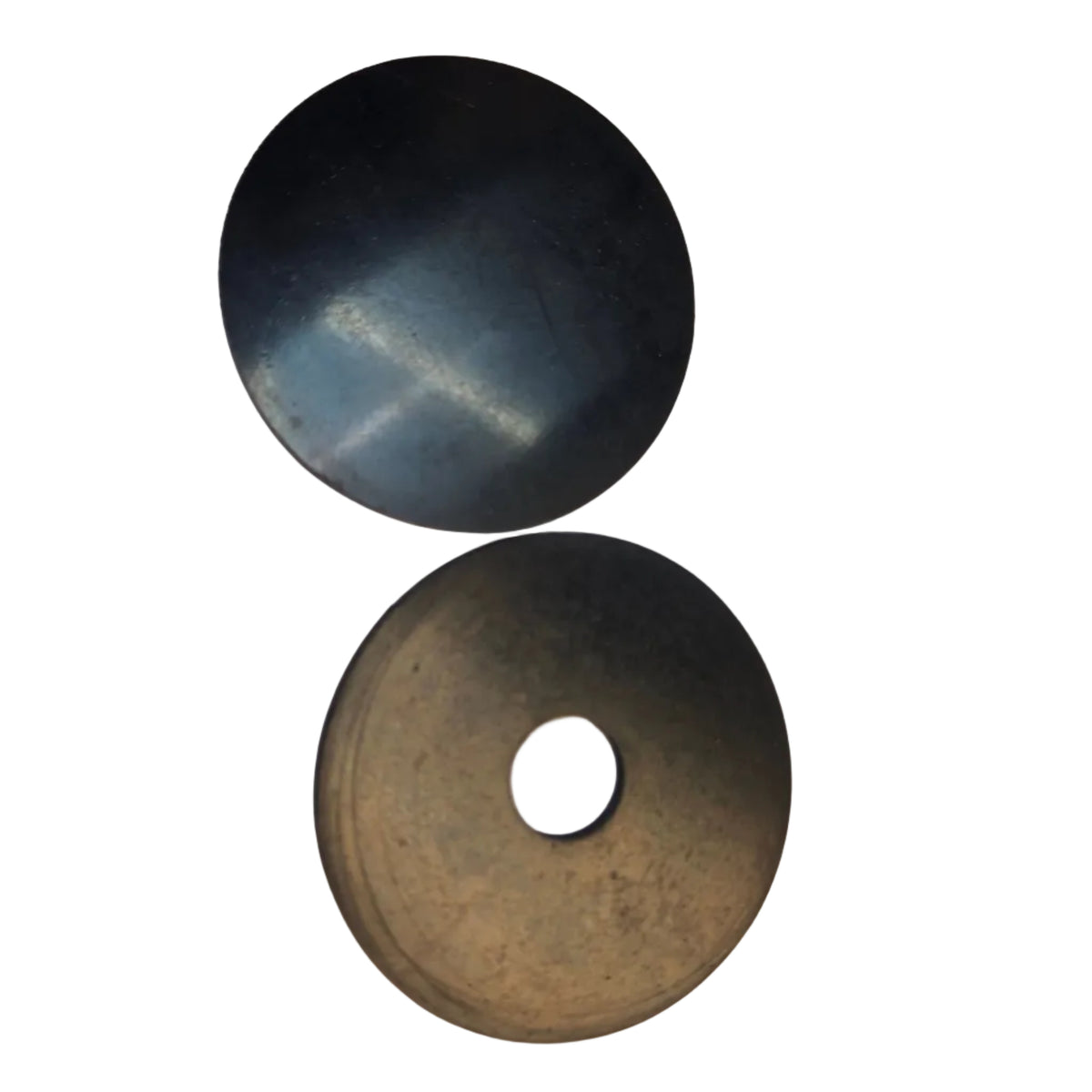 Two circular silicone disc components, one solid black and one black with a central hole, displayed on a white background. 