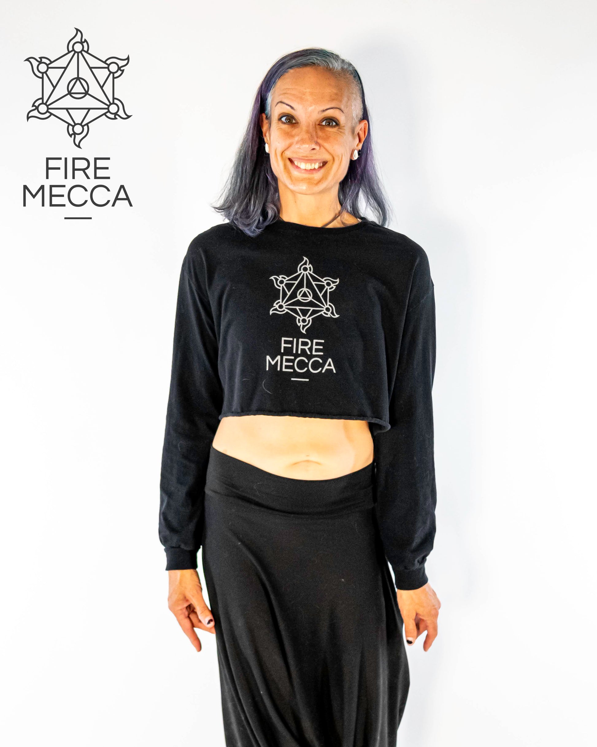 FIRE MECCA Long Sleeve Crop Top – 100% Cotton – Fire Resistant Ink – Performer – Conclave – Flow, Spinning, Circus, Dance –Festivals & Performances - Long Sleeve Crop T-Shirt
