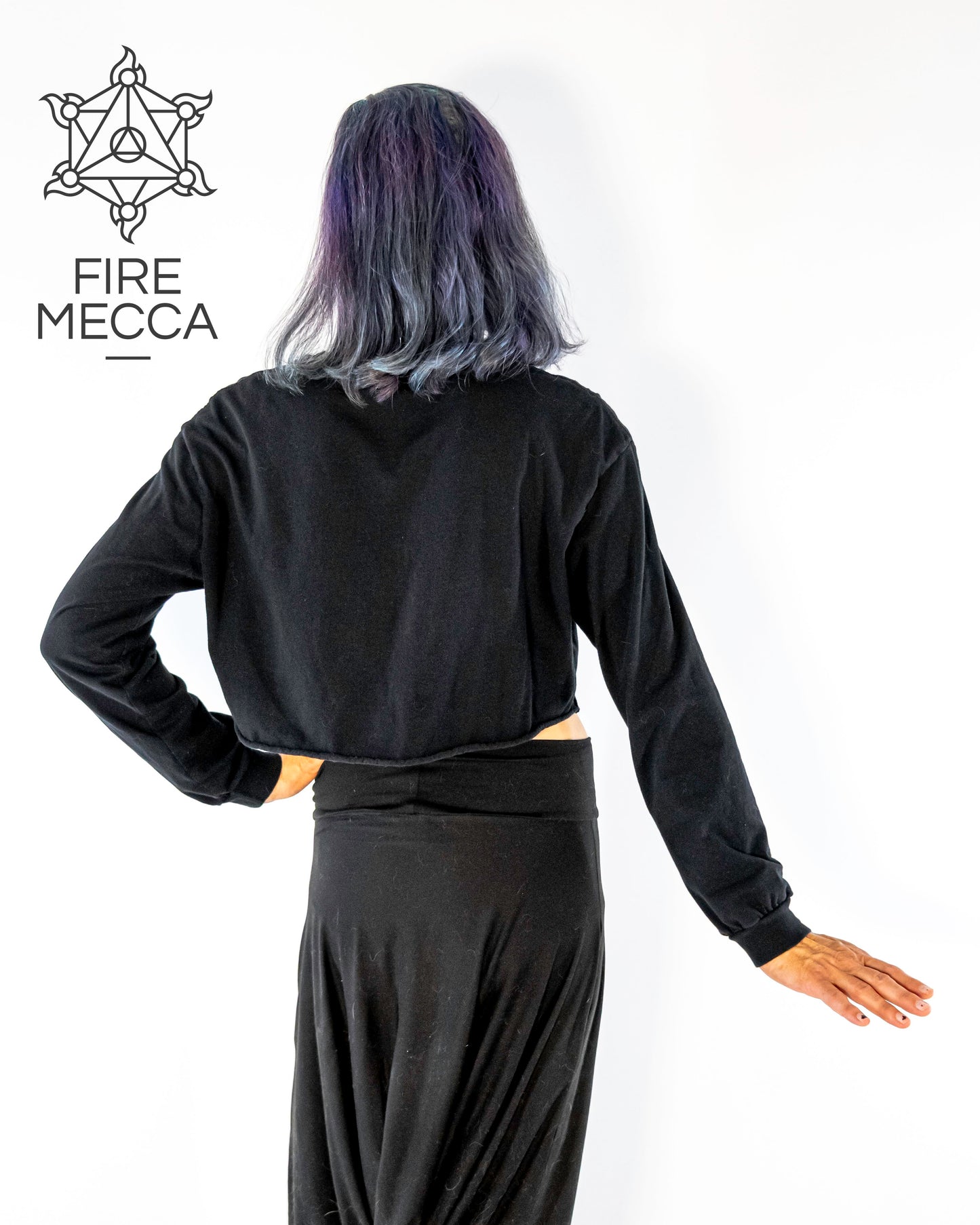 FIRE MECCA Long Sleeve Crop Top – 100% Cotton – Fire Resistant Ink – Performer – Conclave – Flow, Spinning, Circus, Dance –Festivals & Performances - Long Sleeve Crop T-Shirt