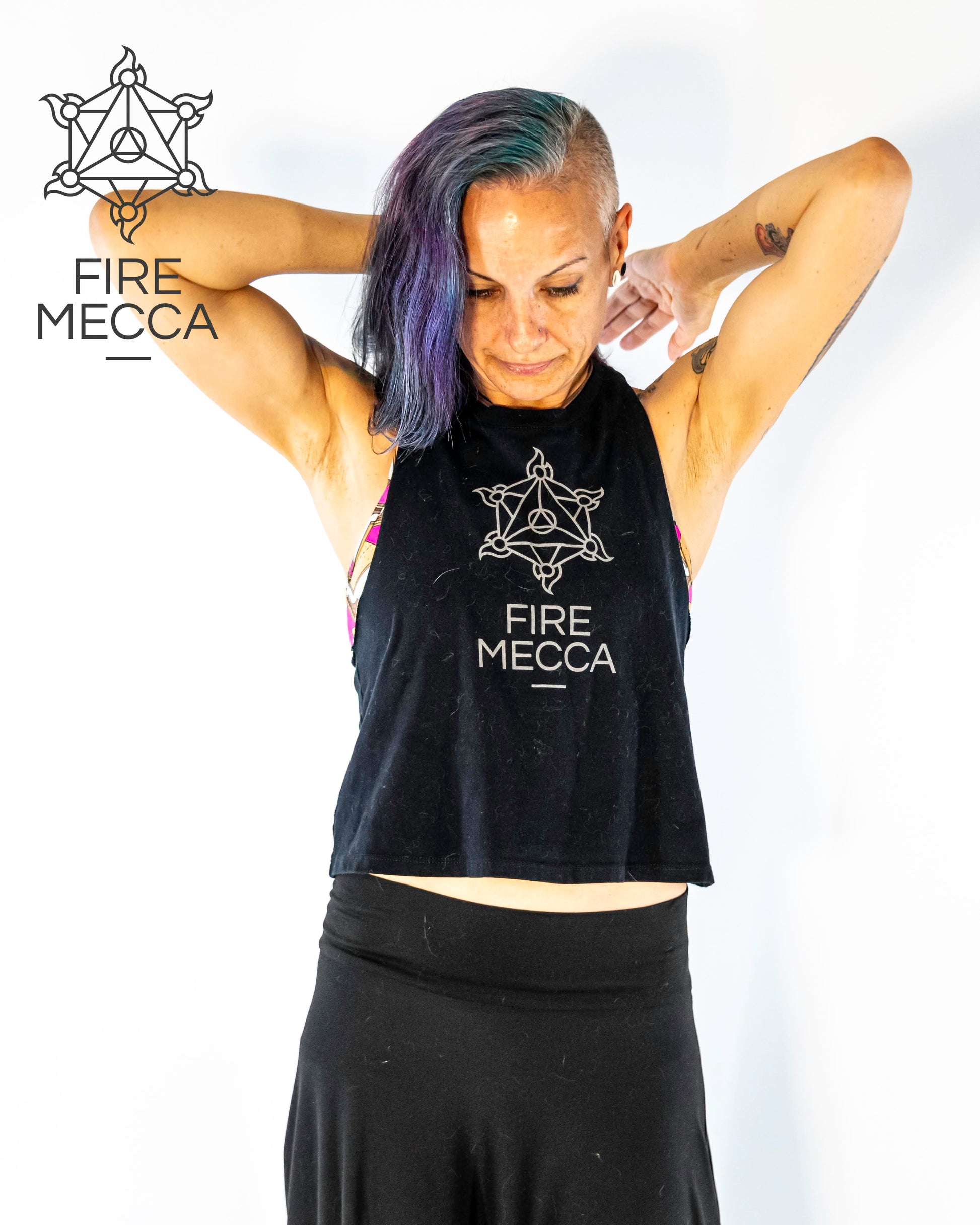 FIRE MECCA SLEEVELESS Crop Top – 100% Cotton – Fire Resistant Ink – Performer – Conclave – Flow, Spinning, Circus, Dance –Festivals & Performances - SLEEVELESS Crop T-Shirt 