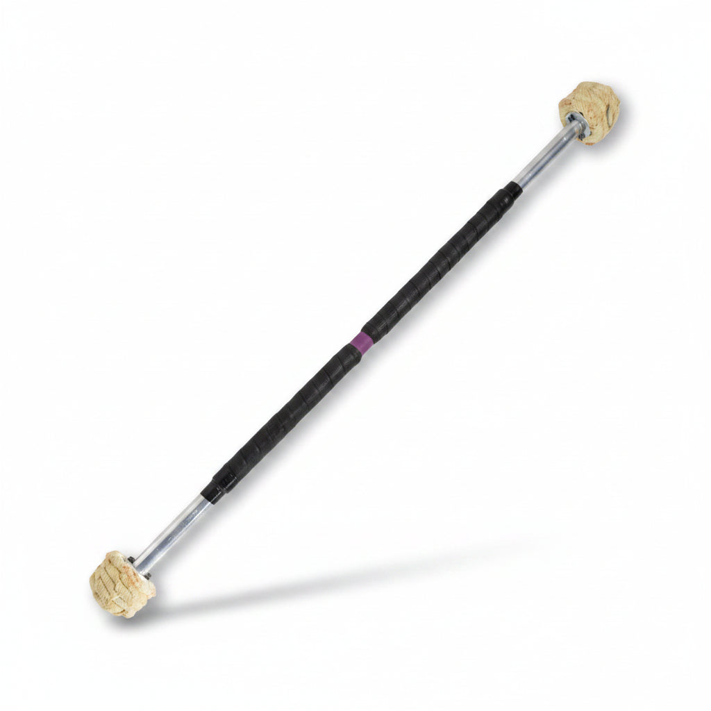 A martial arts fire staff with a black textured grip, silver metal shafts, and beige Kevlar-wrapped ends, shown against a plain white background.