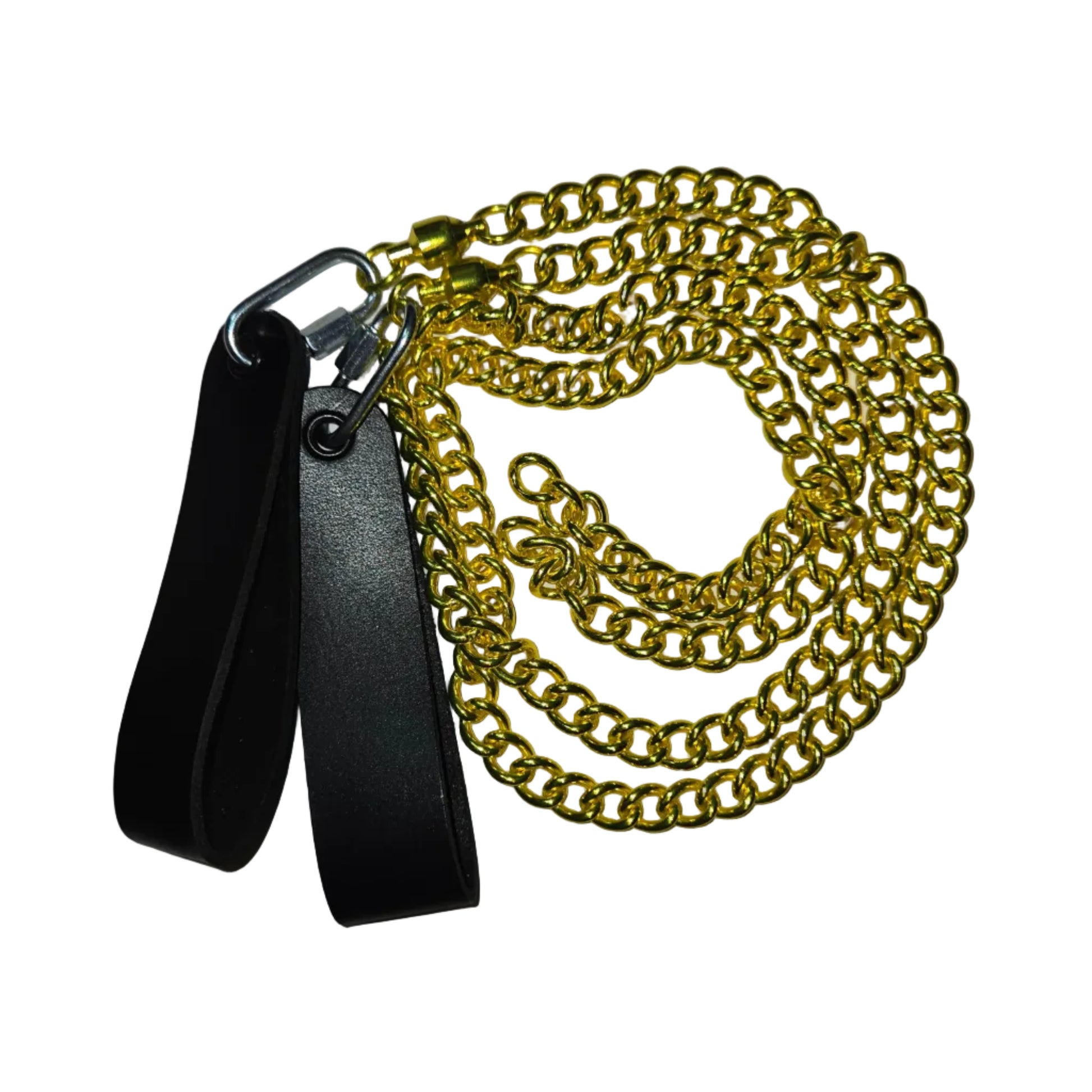 A gold-tone metal chain with a black leather strap and silver-tone hardware, laid out on a white background