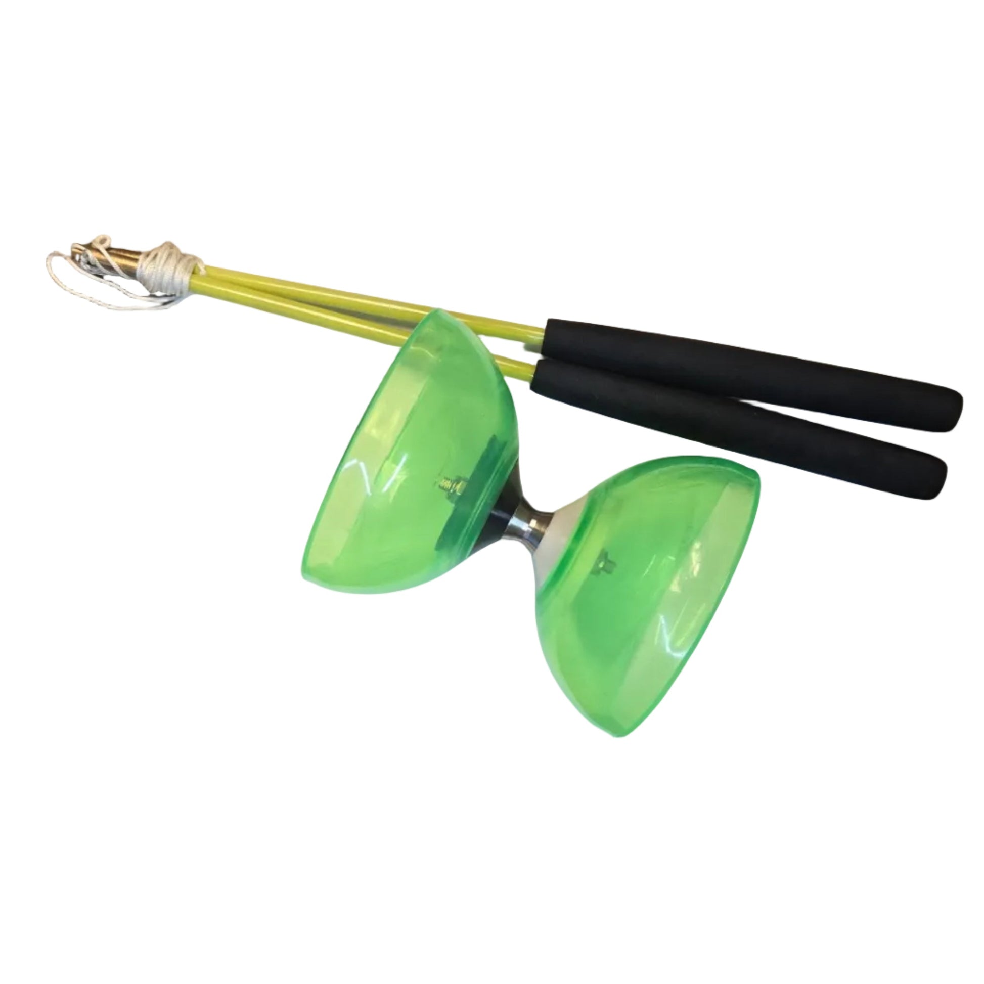 HB Aura Bearing Diabolo - Limited Edition in green on it's side with yellow handsticks on a white background