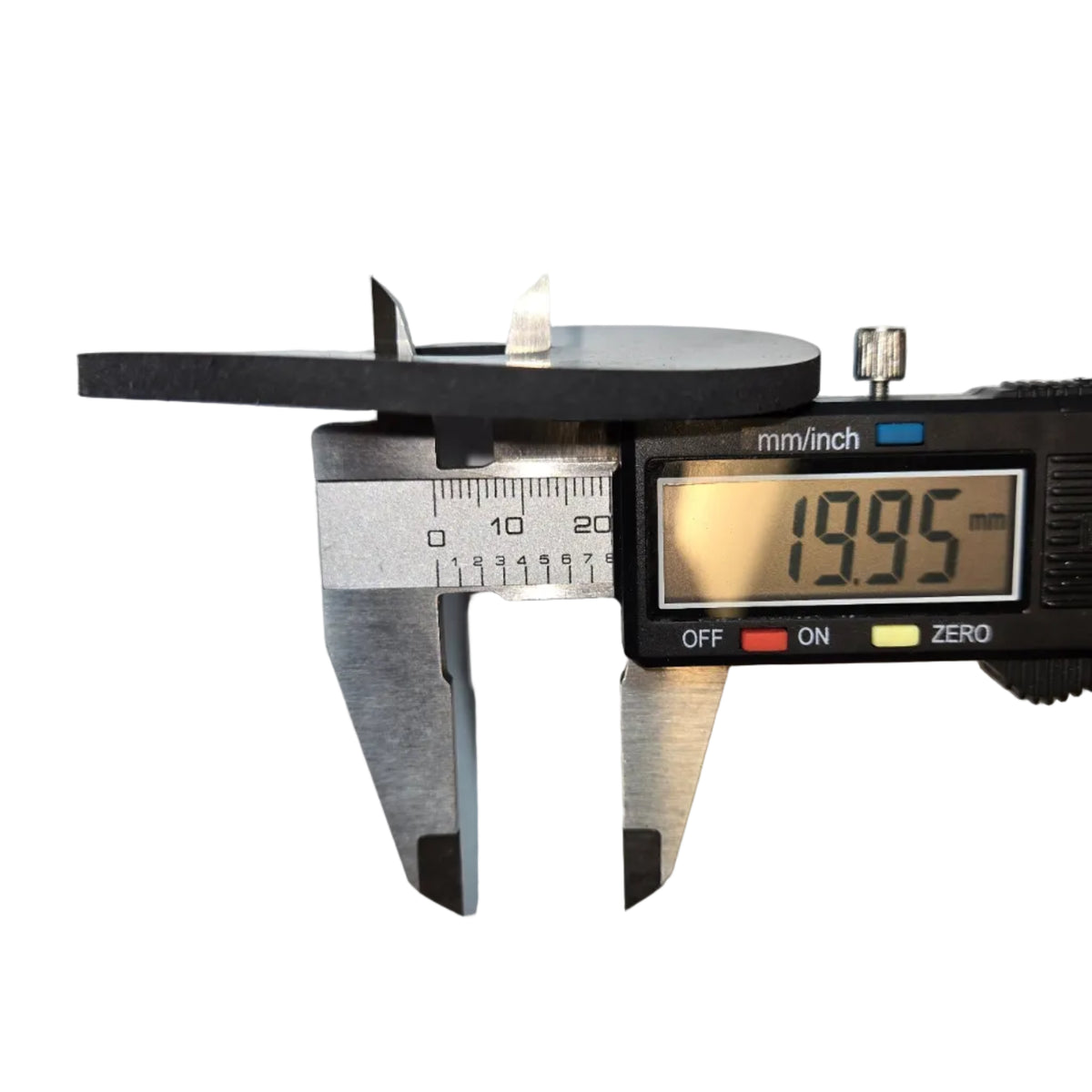 A black silicone sword guard shown with a digital caliper measuring tool on a white sheet of paper, with the caliper display reading 19.95 mm.