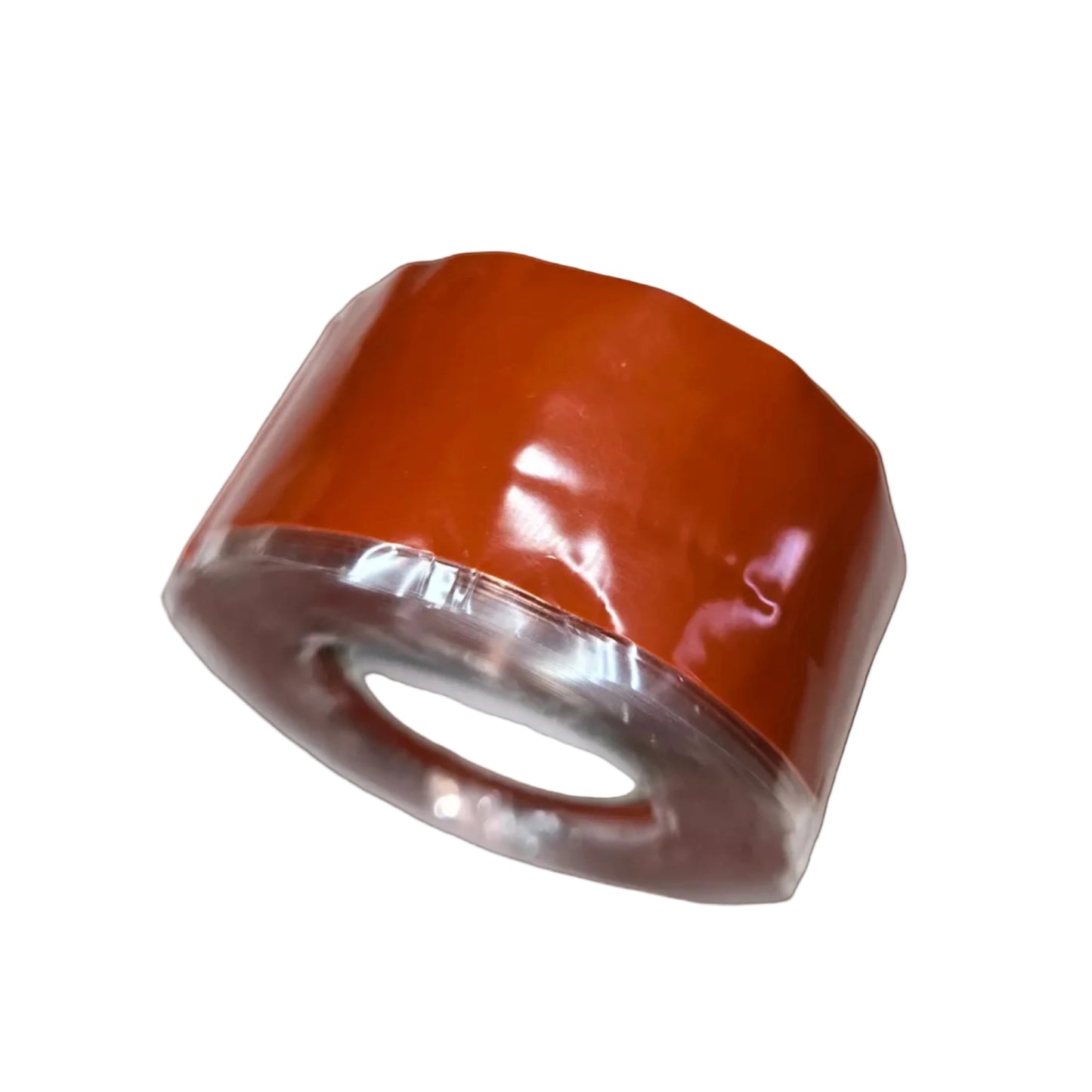One roll of red silicone tape sitting on a white background

