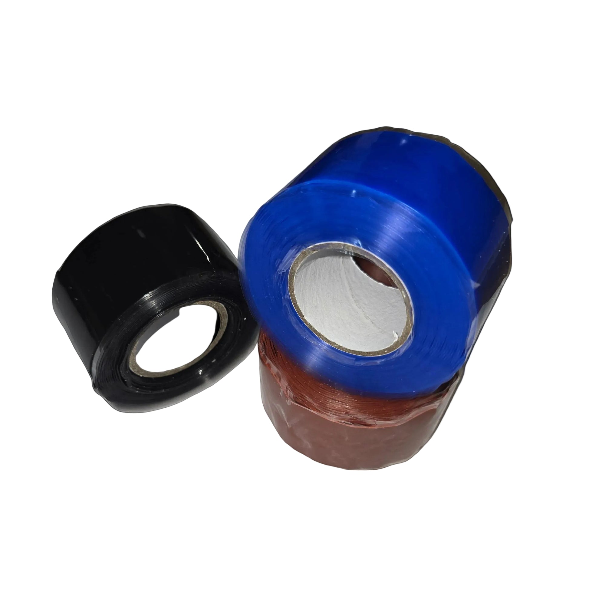 Three rolls of heat resistant silicone tape in red, blue, and black on a white background. 
