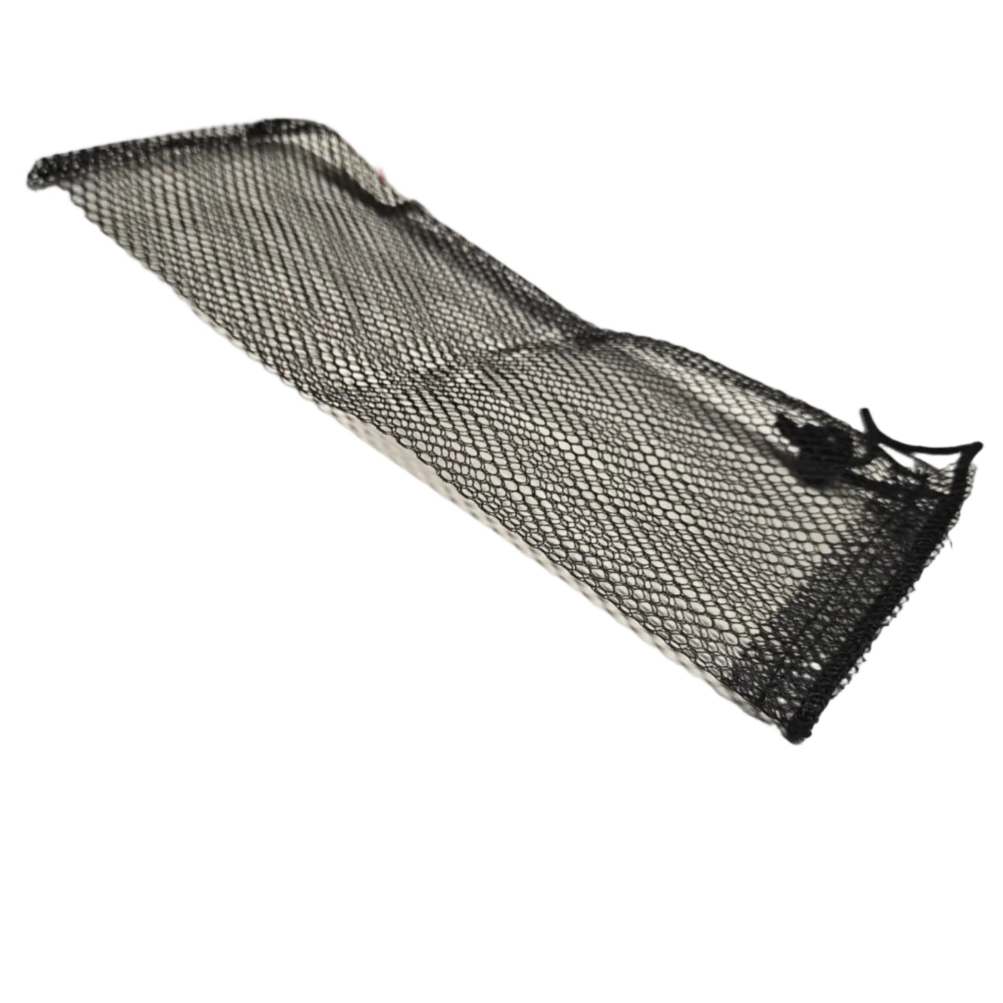 Black mesh pouch on a white surface with a white background
