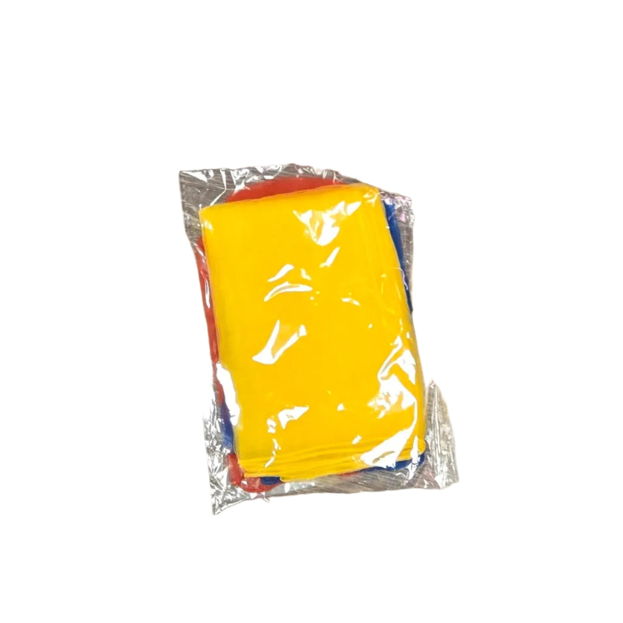 Three folded Floateez Juggling Scarves in a celophane envelope.  Color of scarves is red, blue, and yellow. 