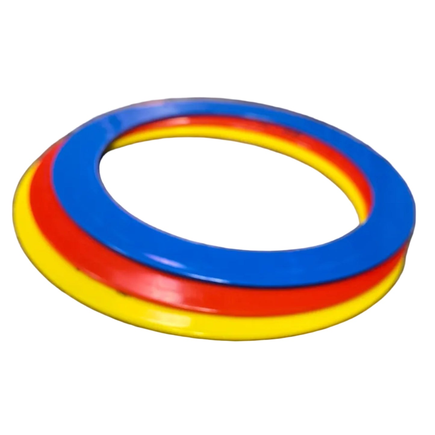 Three Higgins Bros Juggling Rings in primary colors on a white background