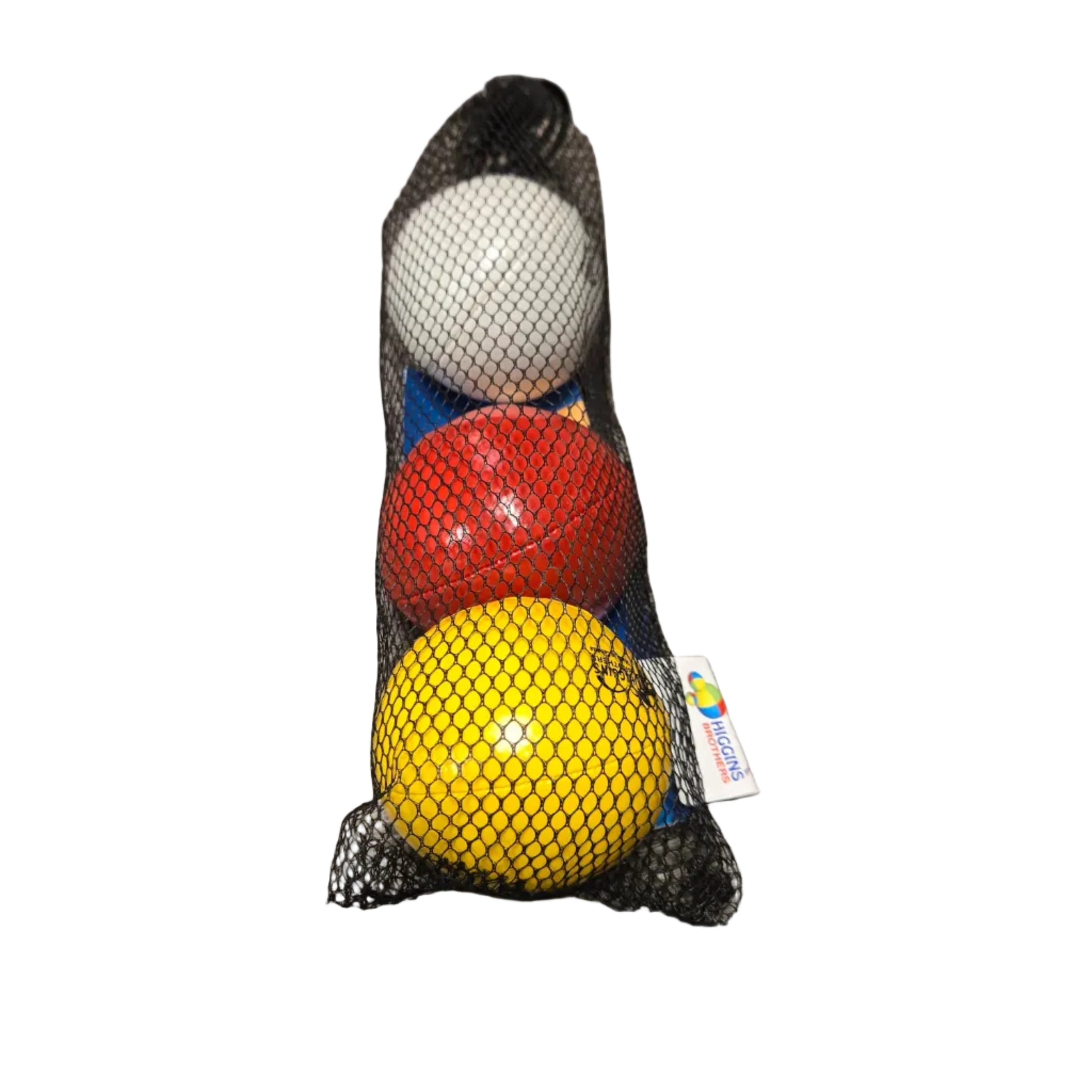 Three Higgins Brothers Balls in a Bag with Instructions. The Balls are White, Red, and Yellow. 