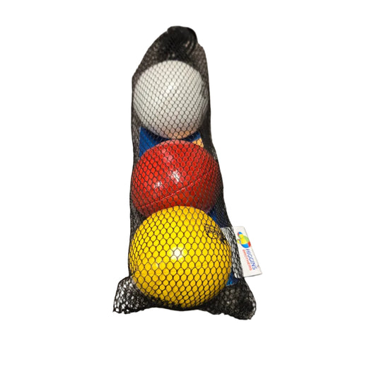 Three Higgins Brothers Balls in a Bag with Instructions. The Balls are White, Red, and Yellow. 