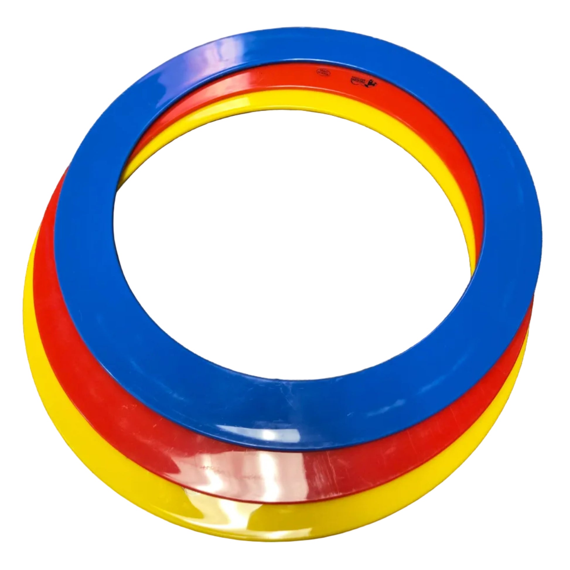 Three Higgins Brothers Juggling Rings in primary colors on a white background