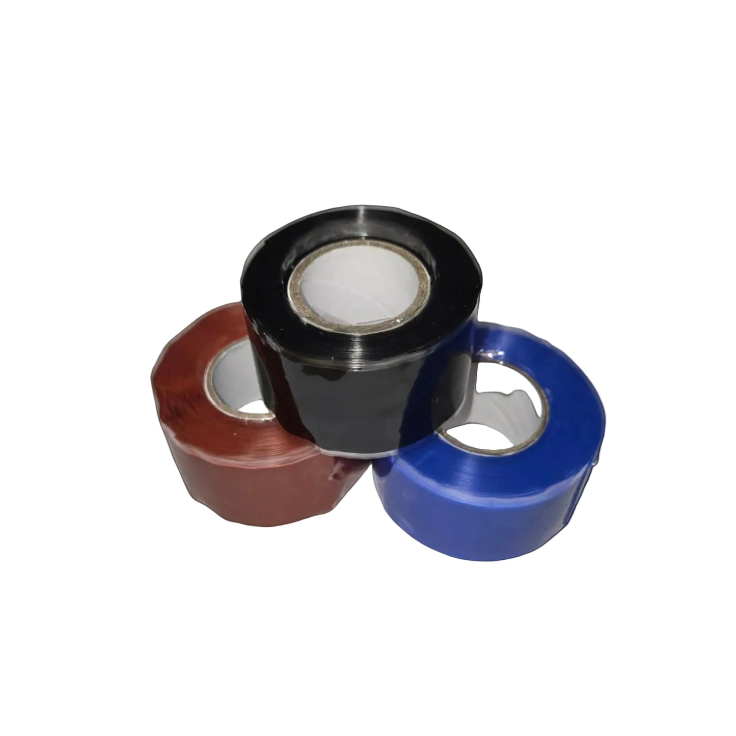Three rolls of silicone tape now available in red, blue, or black sitting on a white background. 