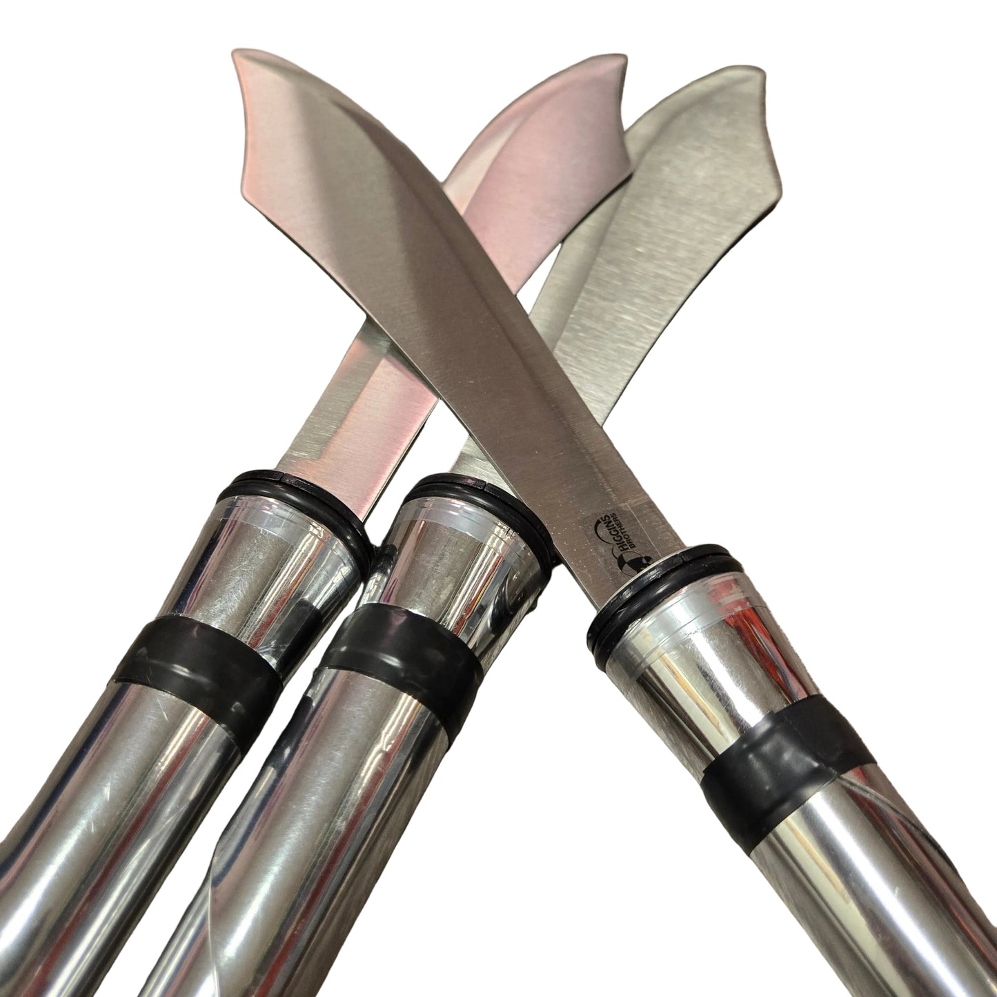Three juggling knives by Higgins Brothers with Shiny silver wrapped handles on a blank background
