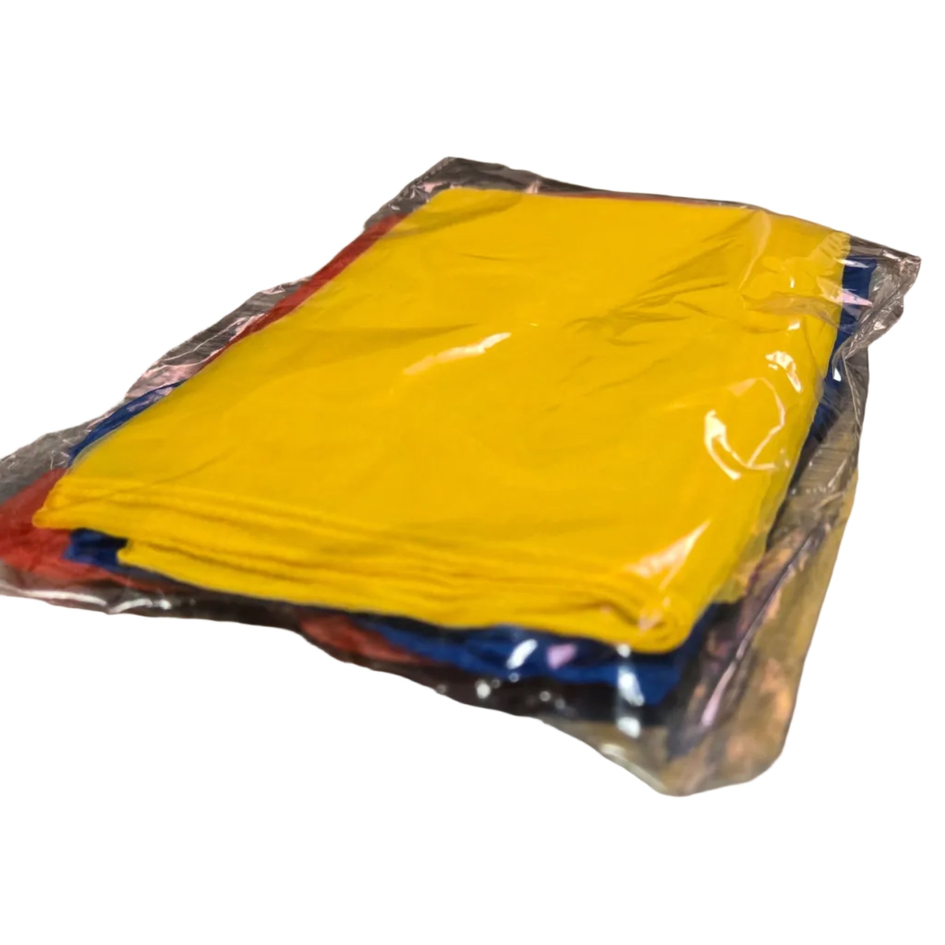 Three folded Floateez Juggling Scarves in a celophane envelope.  Color of scarves is red, blue, and yellow. 