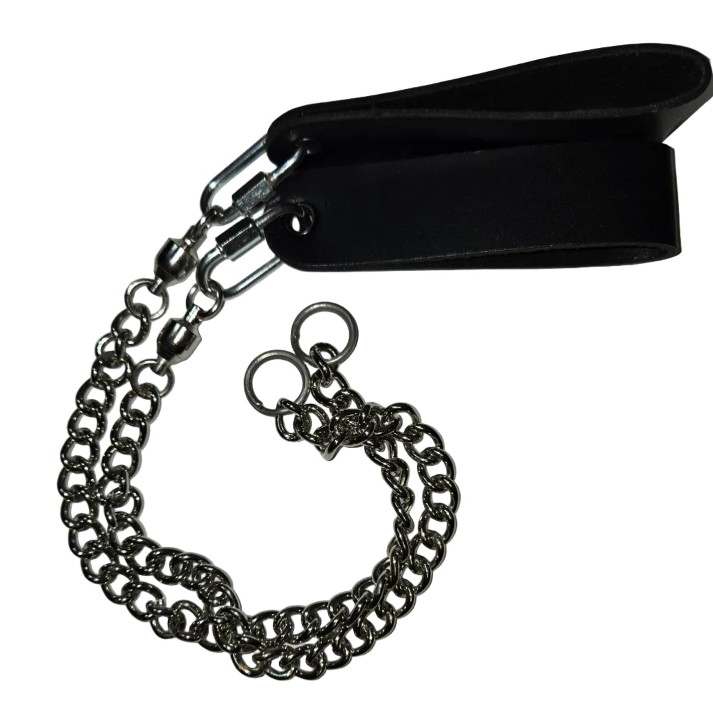 Pair of poi leashes made of black leather straps with stainless steel quicklink hardware, including a twistlink chain attached to split rings, laid flat on a white background