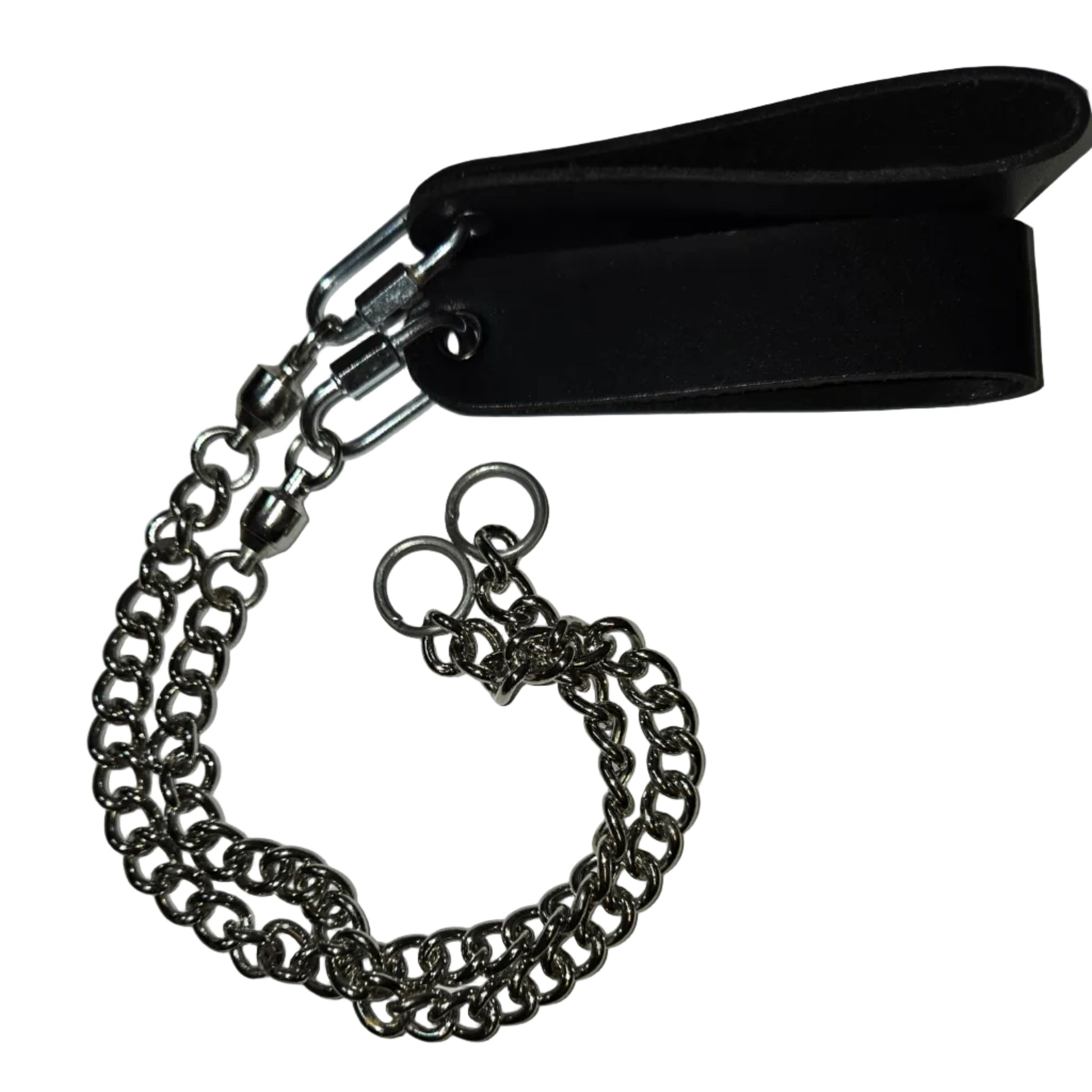 Pair of poi leashes made of black leather straps with stainless steel quicklink hardware, including a twistlink chain attached to split rings, laid flat on a white background