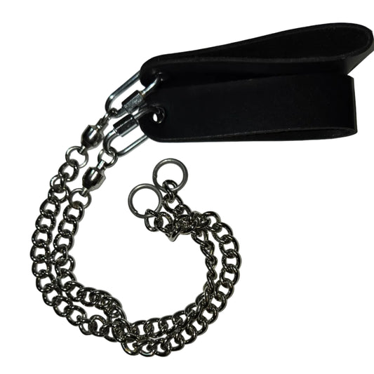 Pair of poi leashes made of black leather straps with stainless steel quicklink hardware, including a twistlink chain attached to split rings, laid flat on a white background