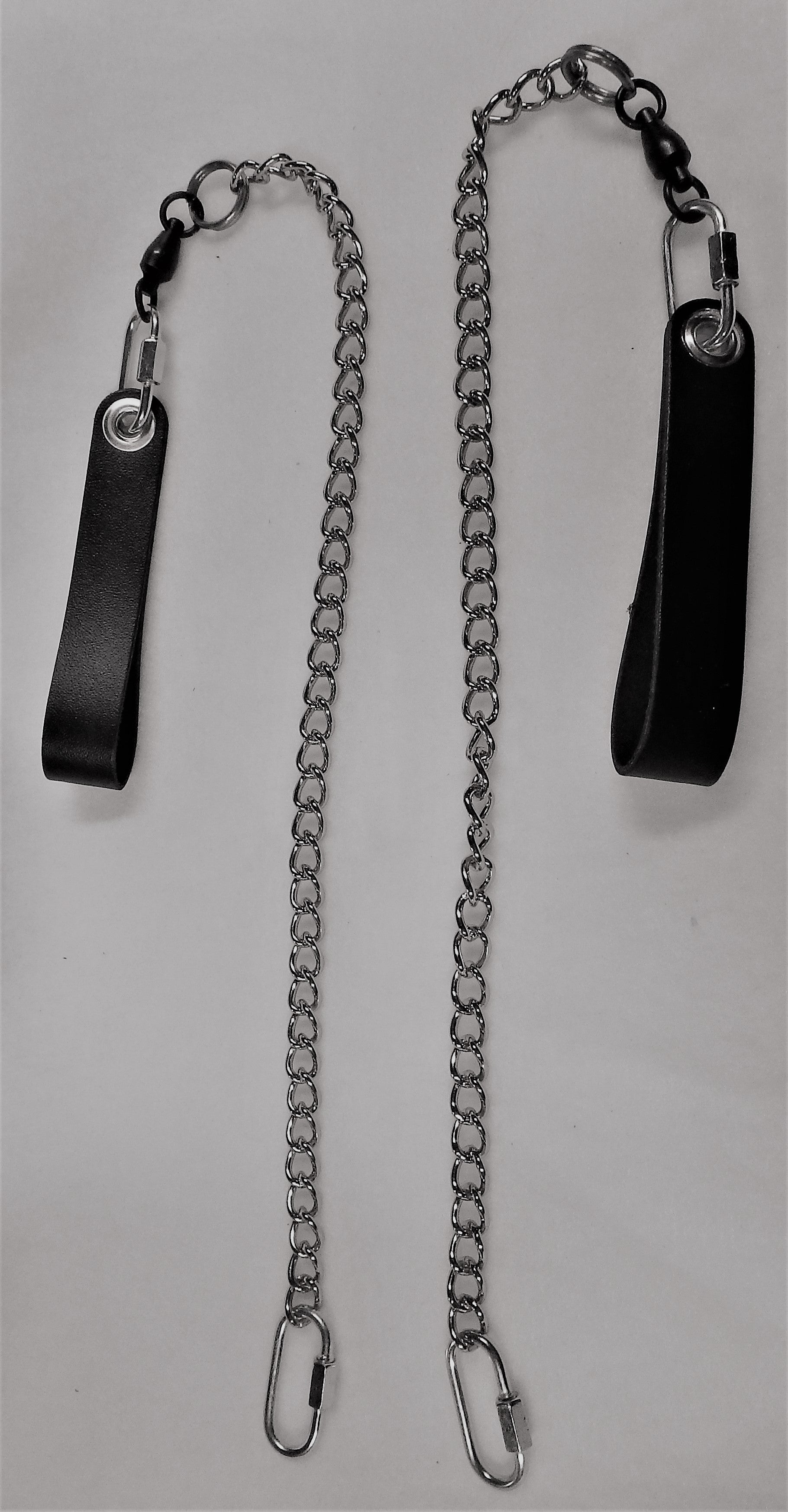 FIRE MECCA twist link chain handles with single leather loop and quick link attachment