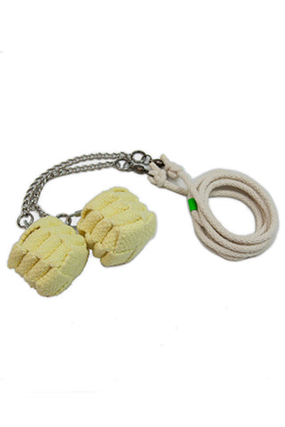 The Fire Mecca Meteor is made of 1/4-inch white cotton rope, with a ball-bearing swivel attached to twist link chain for attaching a head at each end